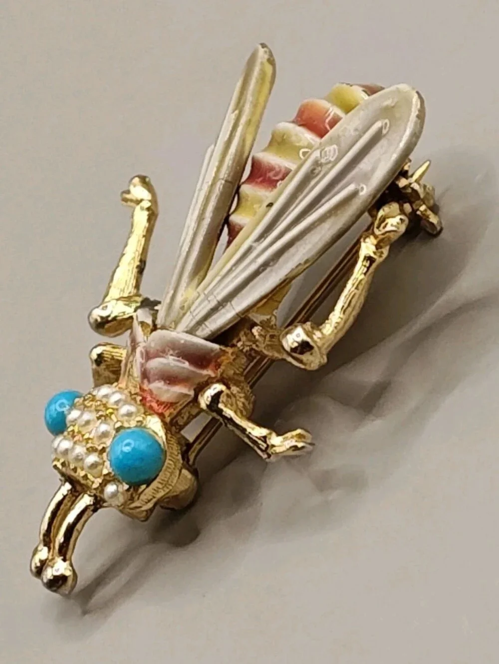 Vtg Bee Bug Flying Insects Enamel Brooch Glass Jelly Belly Lapel Pin Signed CFW